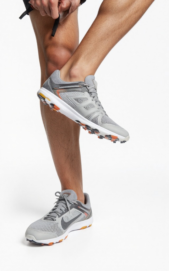 A male model wearing Soccer shoes, against a white background, with a close   up of the feet